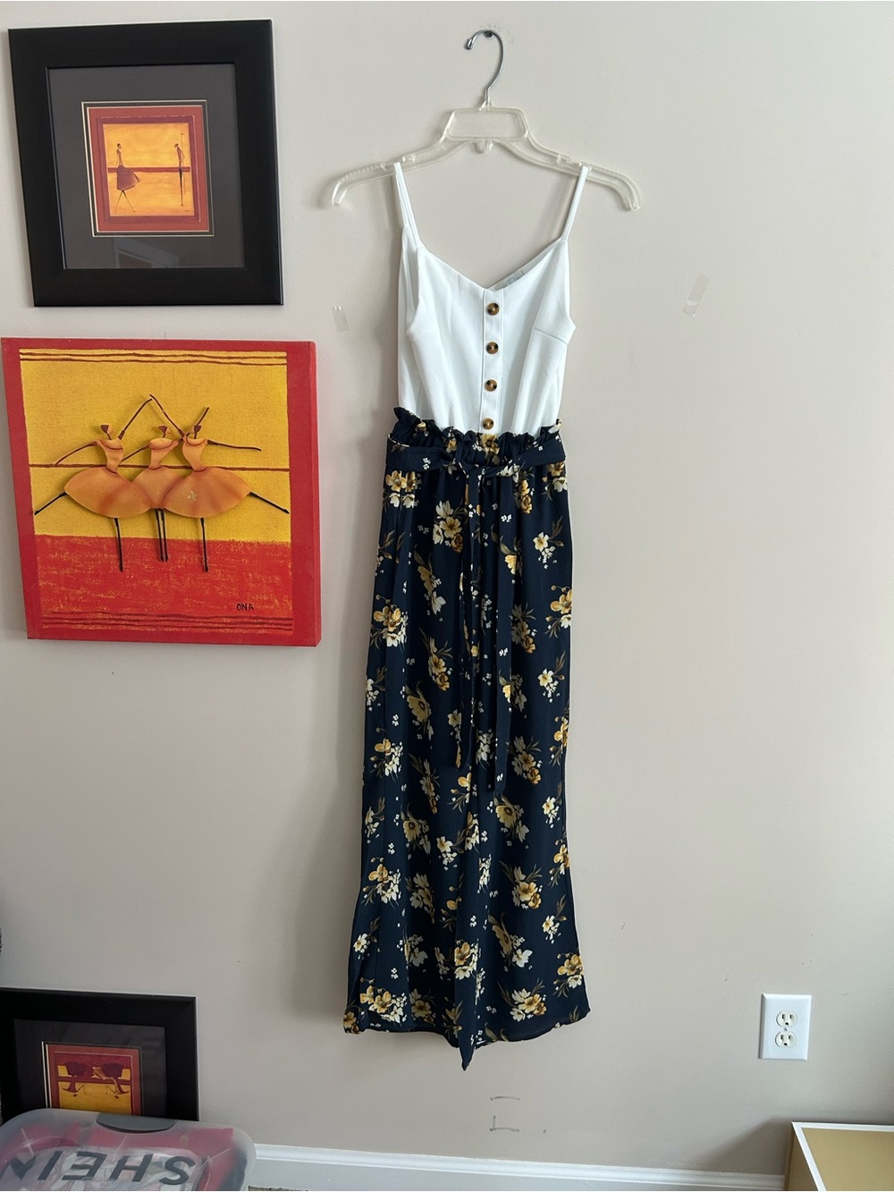 White & Navy Floral Tie-Waist Jumpsuit